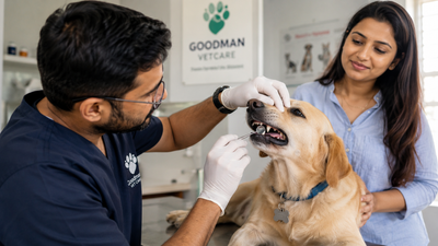 Veterinarian examining a dog's teeth and gums during a dental check-up. 