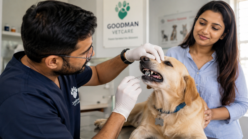 Veterinarian examining a dog's teeth and gums during a dental check-up. 