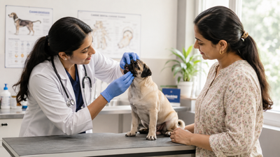 Veterinarian examining a puppy's mouth to check for congenital digestive defects like cleft palate. 