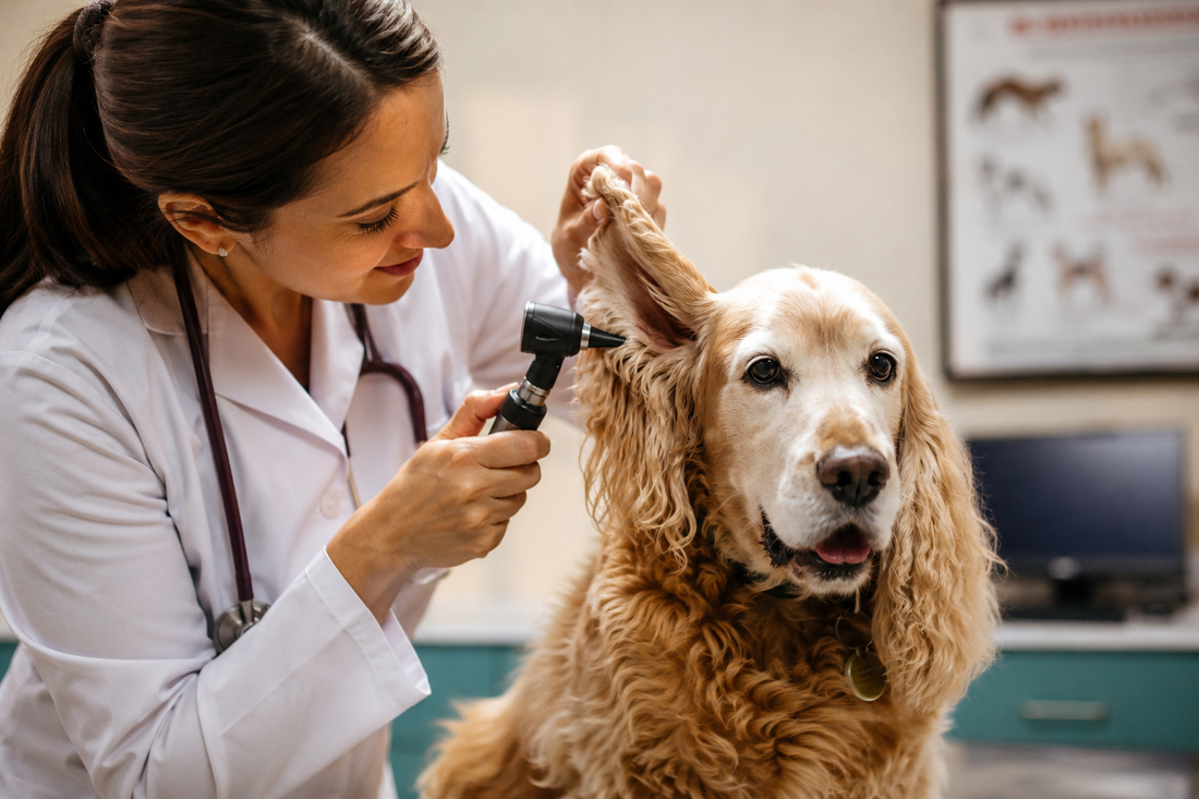 Veterinarian examining a senior Cocker Spaniel's ear for signs of a tumour