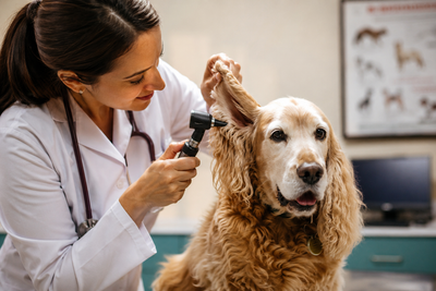 Veterinarian examining a senior Cocker Spaniel's ear for signs of a tumour