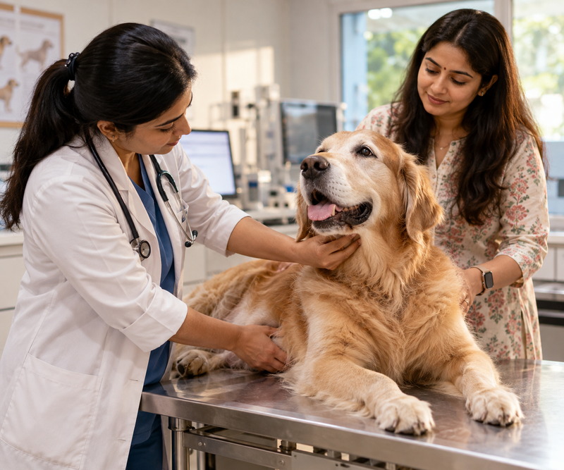 Veterinarian examining a senior dog for signs of a neuroendocrine tumor during a check-up