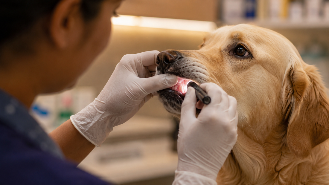  Veterinarian examining dog's gums for petechiae, a sign of bleeding disorder in dogs