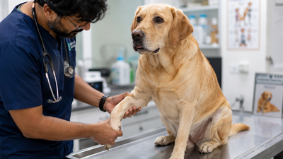 Veterinarian examining the front leg of a Labrador Retriever for peripheral nerve weakness at an Indian vet clinic.