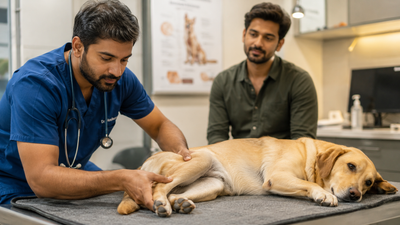 Veterinarian examining the hind legs of a Labrador dog during a neurological assessment, with the dog's owner watching attentively at an Indian vet clinic.