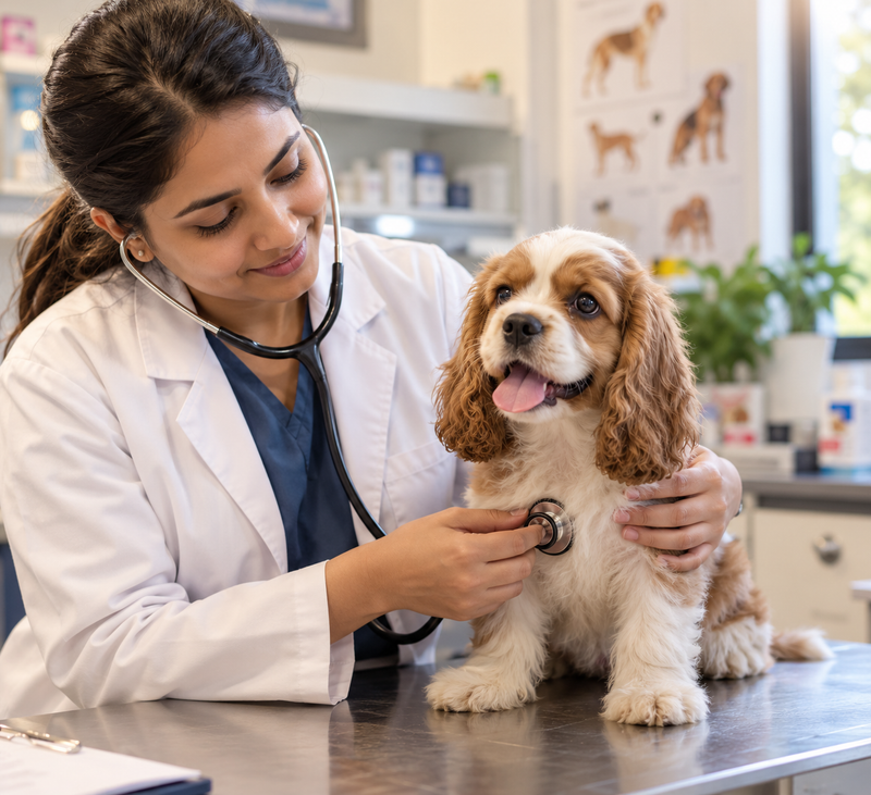 Veterinarian gently examining a young puppy, representing awareness of congenital kidney disorders in dogs.