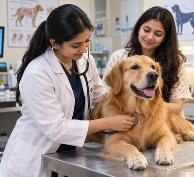 Veterinarian listening to a dog's heart rhythm with a stethoscope during a check-up.