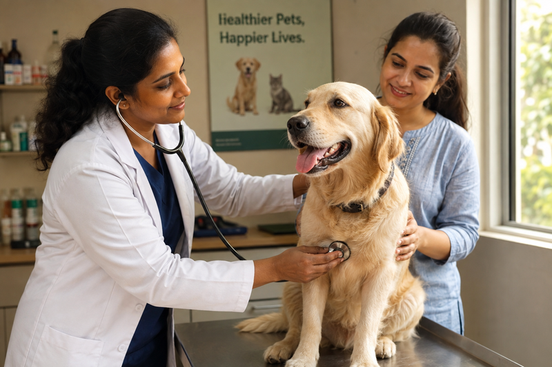 Veterinarian listening to a dog's heart with a stethoscope during a routine check-up.