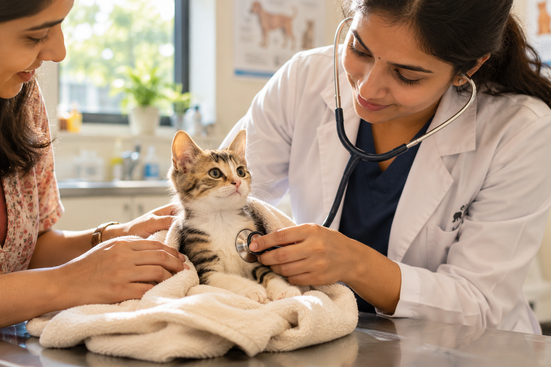 Veterinarian listening to a kitten's heart with a stethoscope to check for a congenital heart defect.