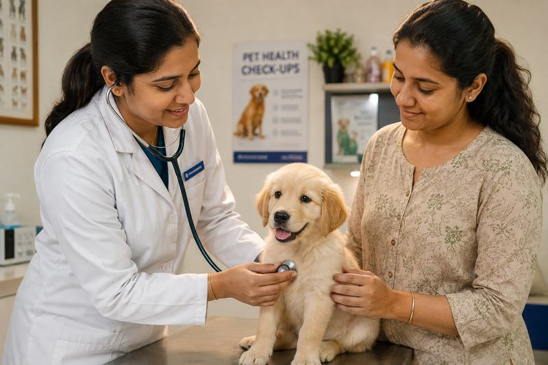 Veterinarian listening to a puppy's heart with a stethoscope during a first check-up