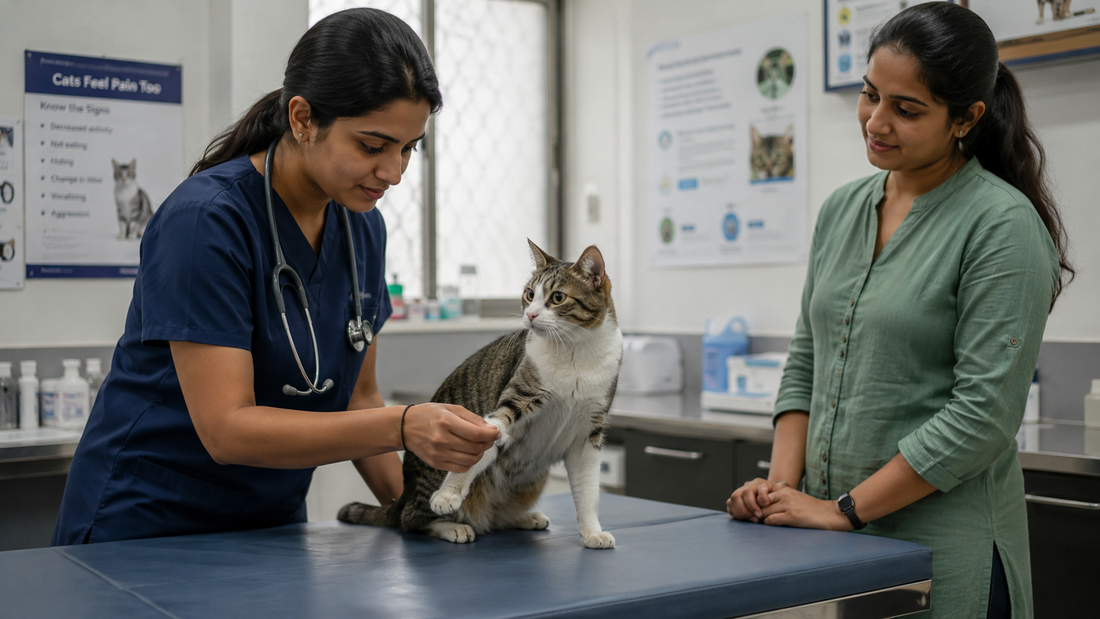 Veterinarian performing a paw-placement reflex test as part of a neurologic exam on a cat.