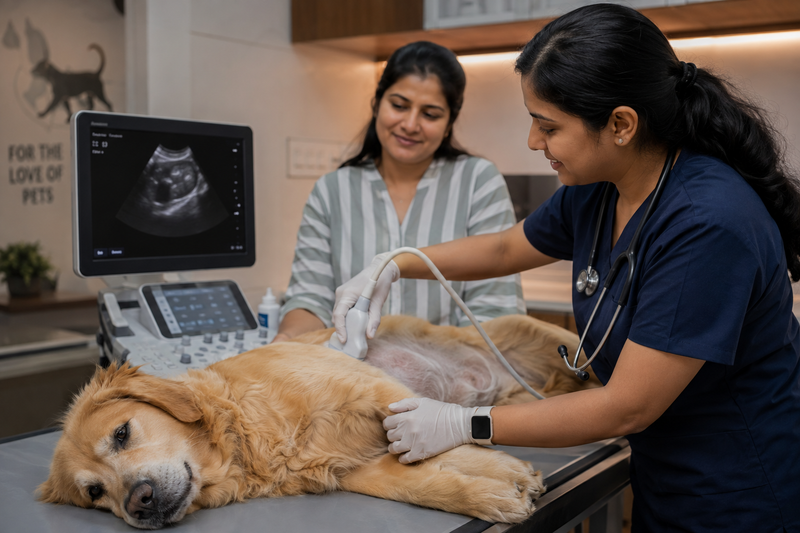 Veterinarian performing an echocardiogram on a calm dog during a heart disease diagnostic exam.