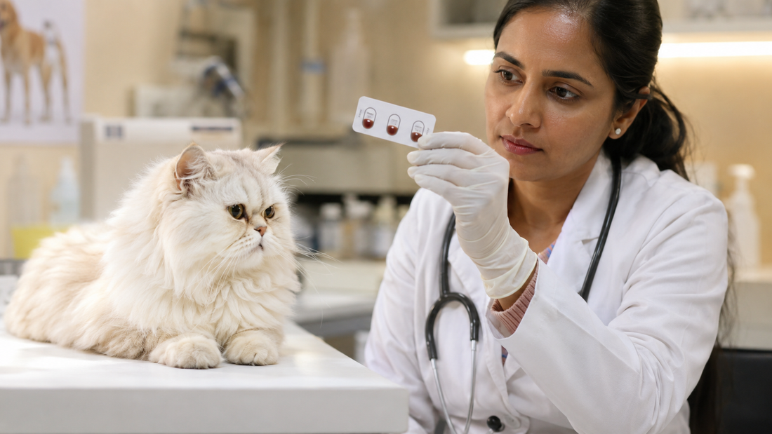 Veterinarian performing blood type test on a Persian cat — cat blood types A B AB India