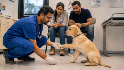 Veterinarian performing neurological reflex test on a young Labrador Retriever puppy while Indian owners watch in a clean veterinary clinic 