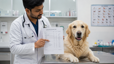 Veterinarian reviewing CBC blood test report with a dog - white blood cell disorder diagnosis in dogs