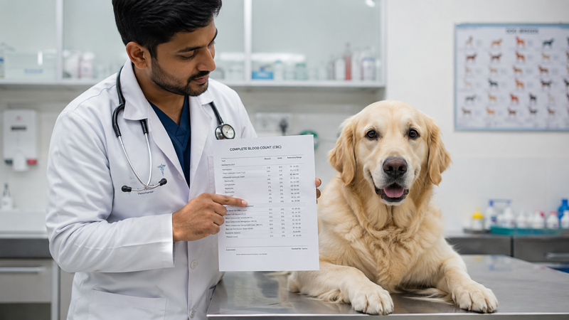 Veterinarian reviewing CBC blood test report with a dog - white blood cell disorder diagnosis in dogs