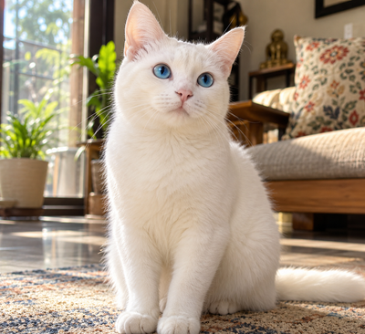 White cat with blue eyes sitting calmly by a window, illustrating the coat and eye colours linked to congenital deafness.