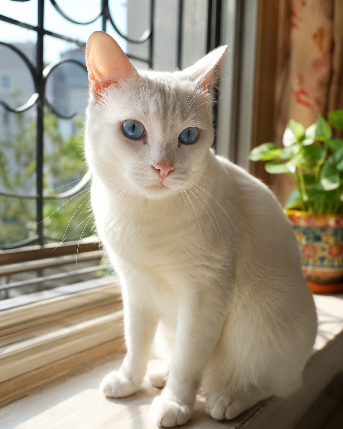 White cat with blue eyes sitting safely by a netted window, representing a deaf cat living safely indoors
