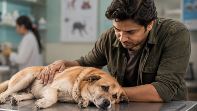 Worried owner comforting a weak dog at the vet, illustrating the seriousness of Evans syndrome.