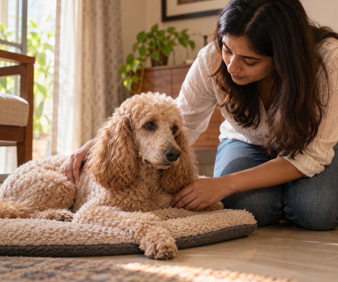Young adult dog resting quietly at home, showing the vague low-energy pattern associated with Addison's disease.