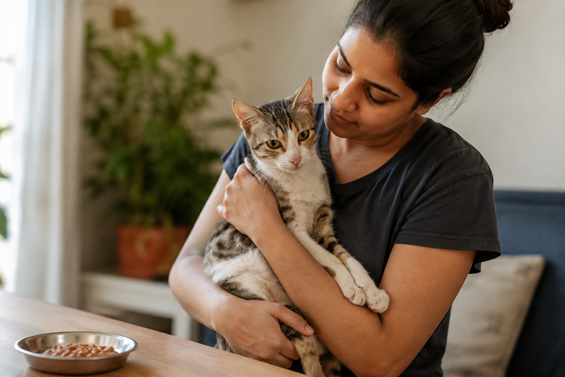 ndian pet parent caring for a cat being monitored for pancreatic health issues at home 