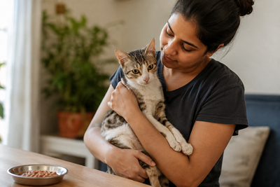 ndian pet parent caring for a cat being monitored for pancreatic health issues at home 