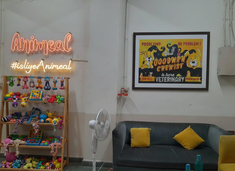 Neon sign reading 'Animeal' in a room with toys, a couch, and a fan.