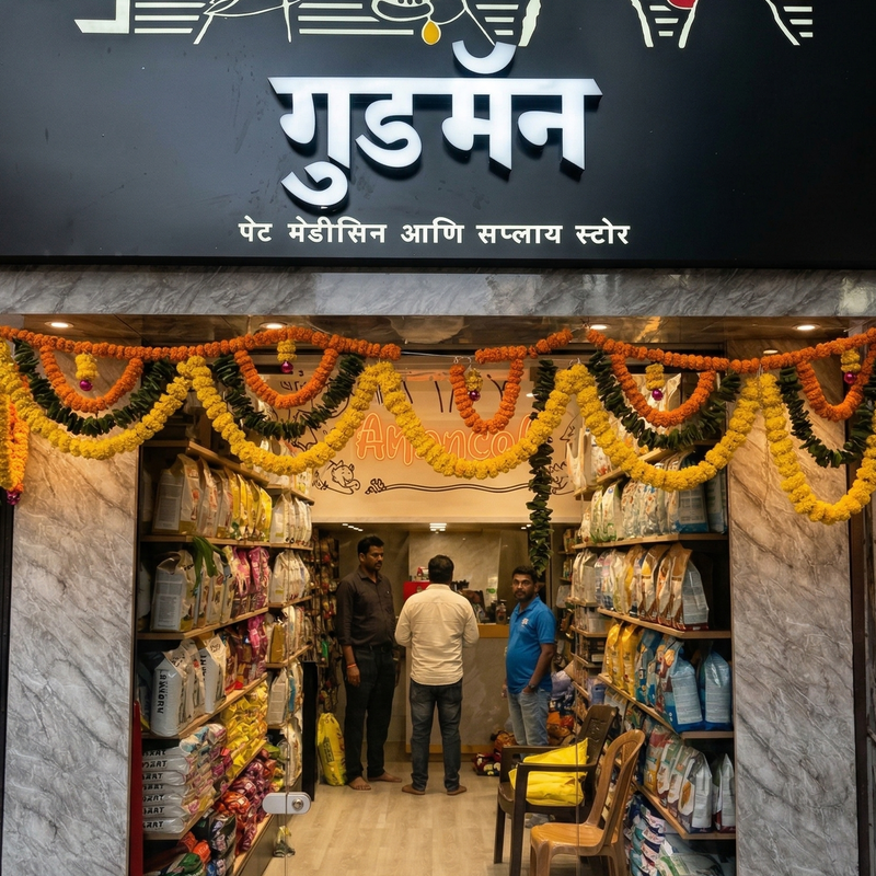 Storefront with decorative elements and a signboard featuring animal illustrations and text.