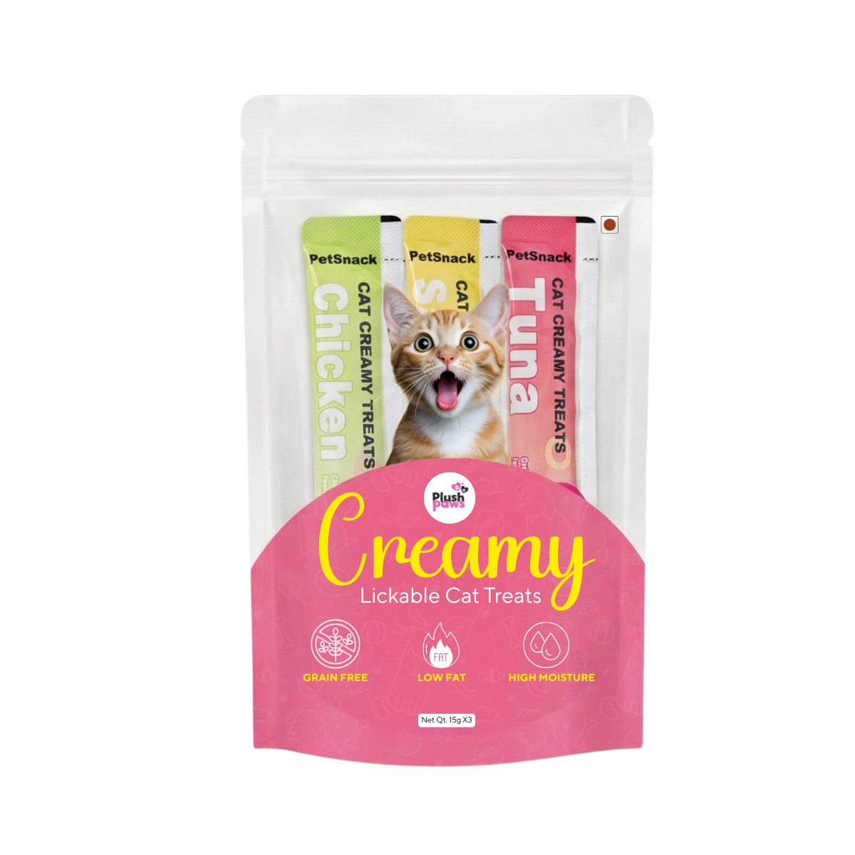 PLUSHPAWS CAT CREAMY TREATS CHICKEN SALMON TUNA (15 GM X 3) [45 GM] - Animeal