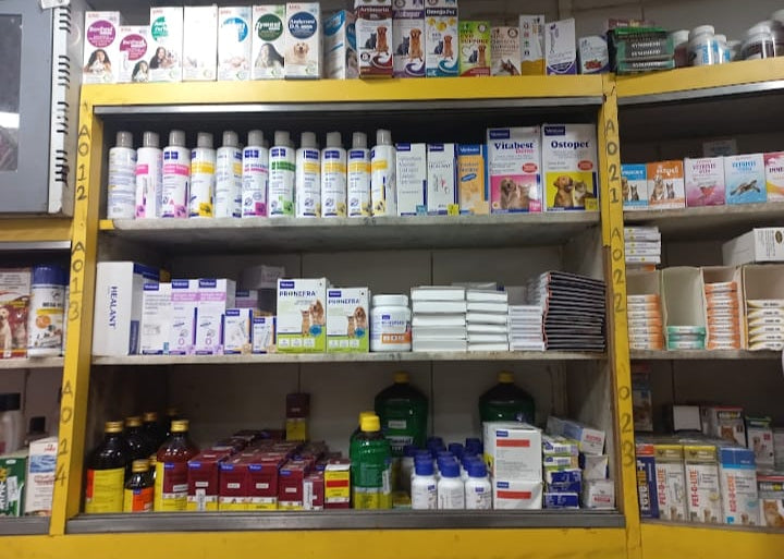 Shelves stocked with various products in a pharmacy setting