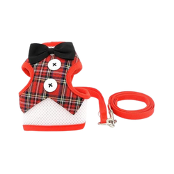 Whoof Whoof Toy Breed Tuxedo Harness with Leash, Red Checks, Medium - Animeal